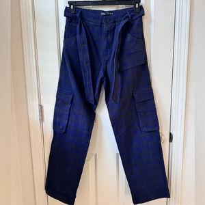 Zara Cargo Baggy cargo preppy Y2K Pants with belt Tartan Plaid blue Small